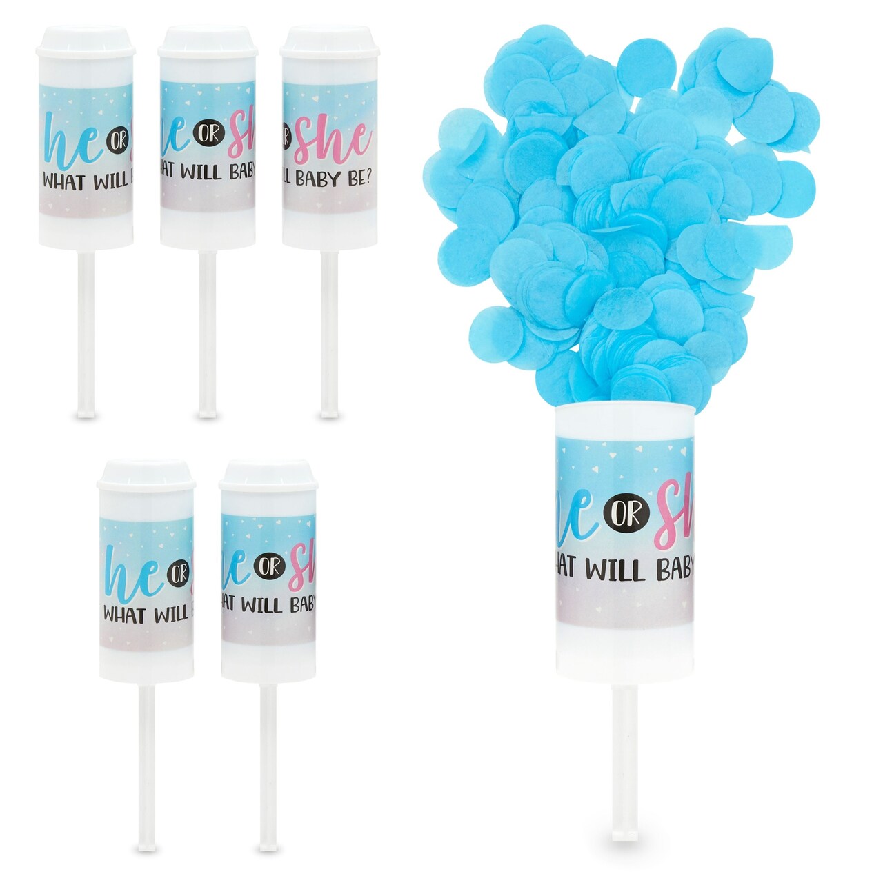6 Pack Blue Push Style Confetti Shakers with Refills for Boy Gender Reveal Party (2.0 x 7.3 In)